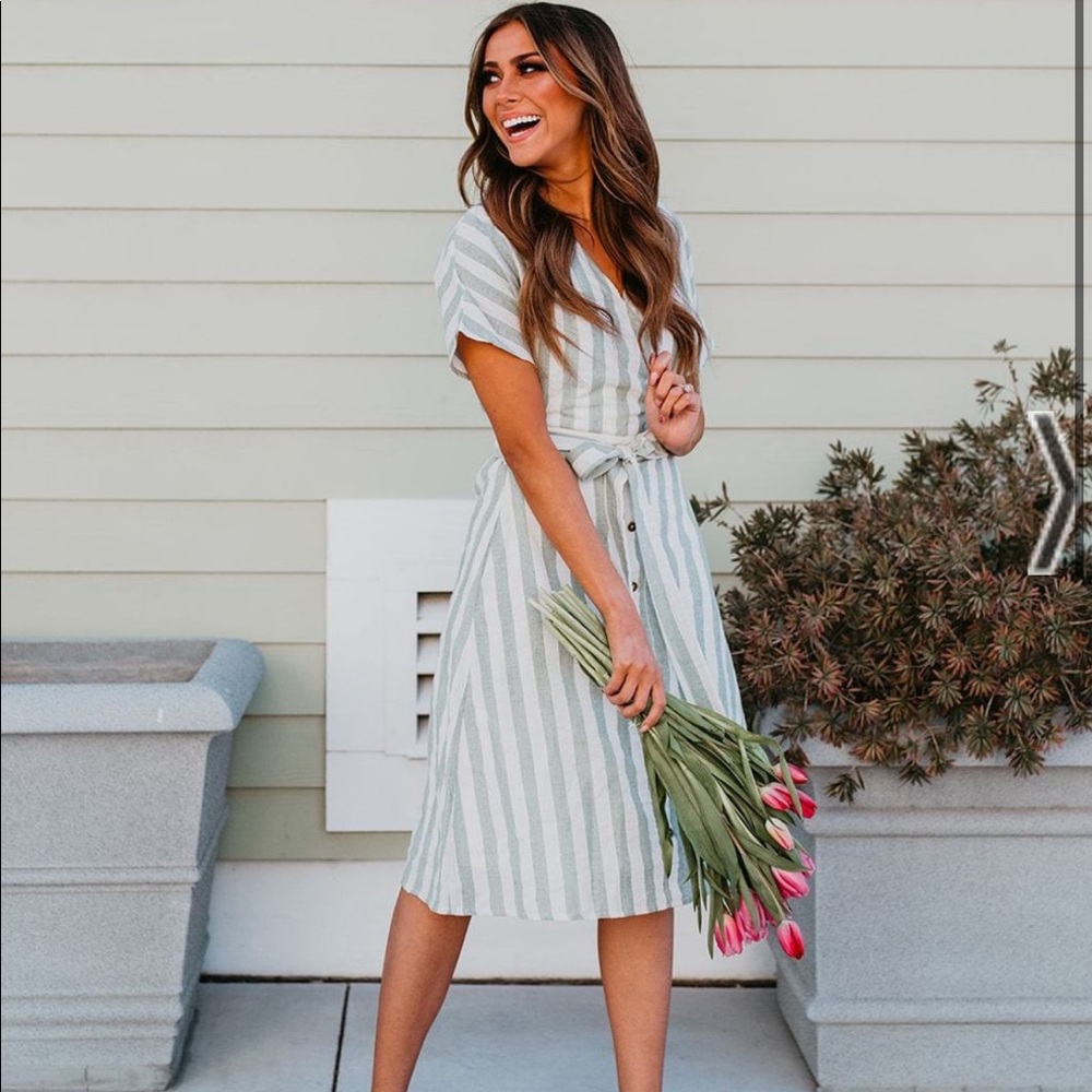 THE CALICO STRIPED MIDI DRESS IN SAGE